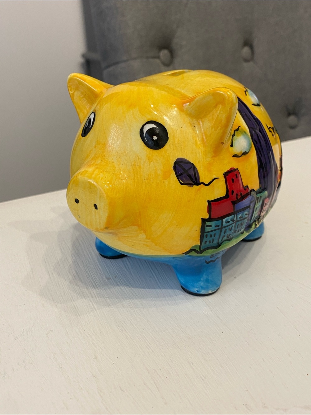 Vintage Ceramic Hand-Painted Yellow Chicago Cityscape Skyline Piggy Bank - Picture 7 of 16